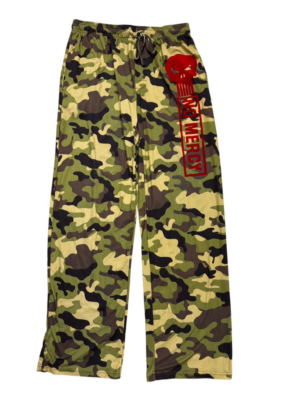 Camouflage-patterned pants with a red and white logo on a white background