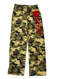Camouflage-patterned pants with a red and white logo on a white background