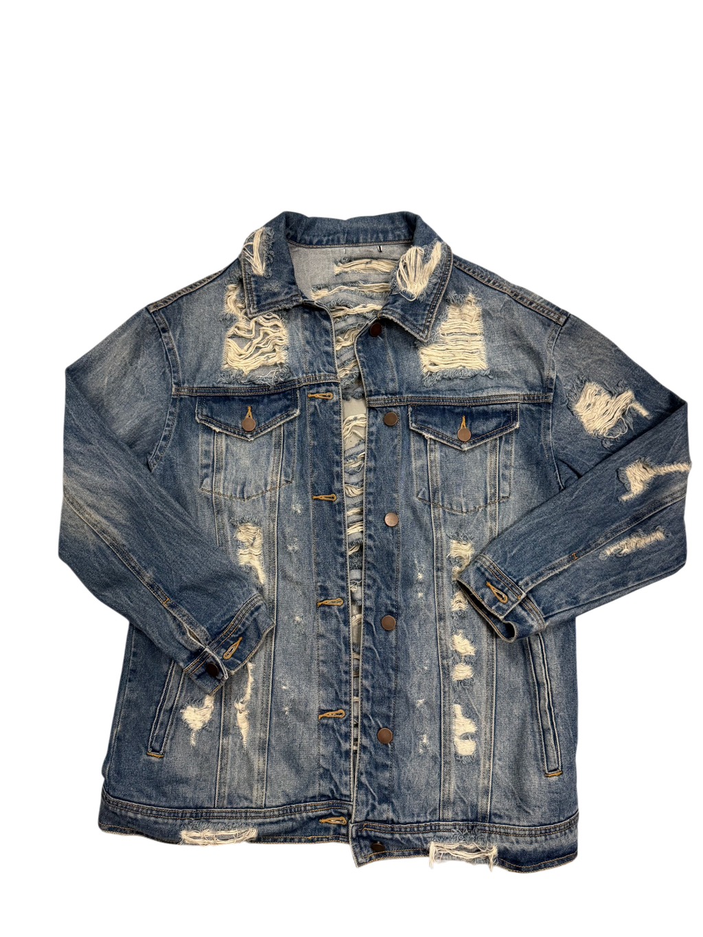 Distressed blue denim jacket on a white background