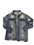 Distressed blue denim jacket on a white background
