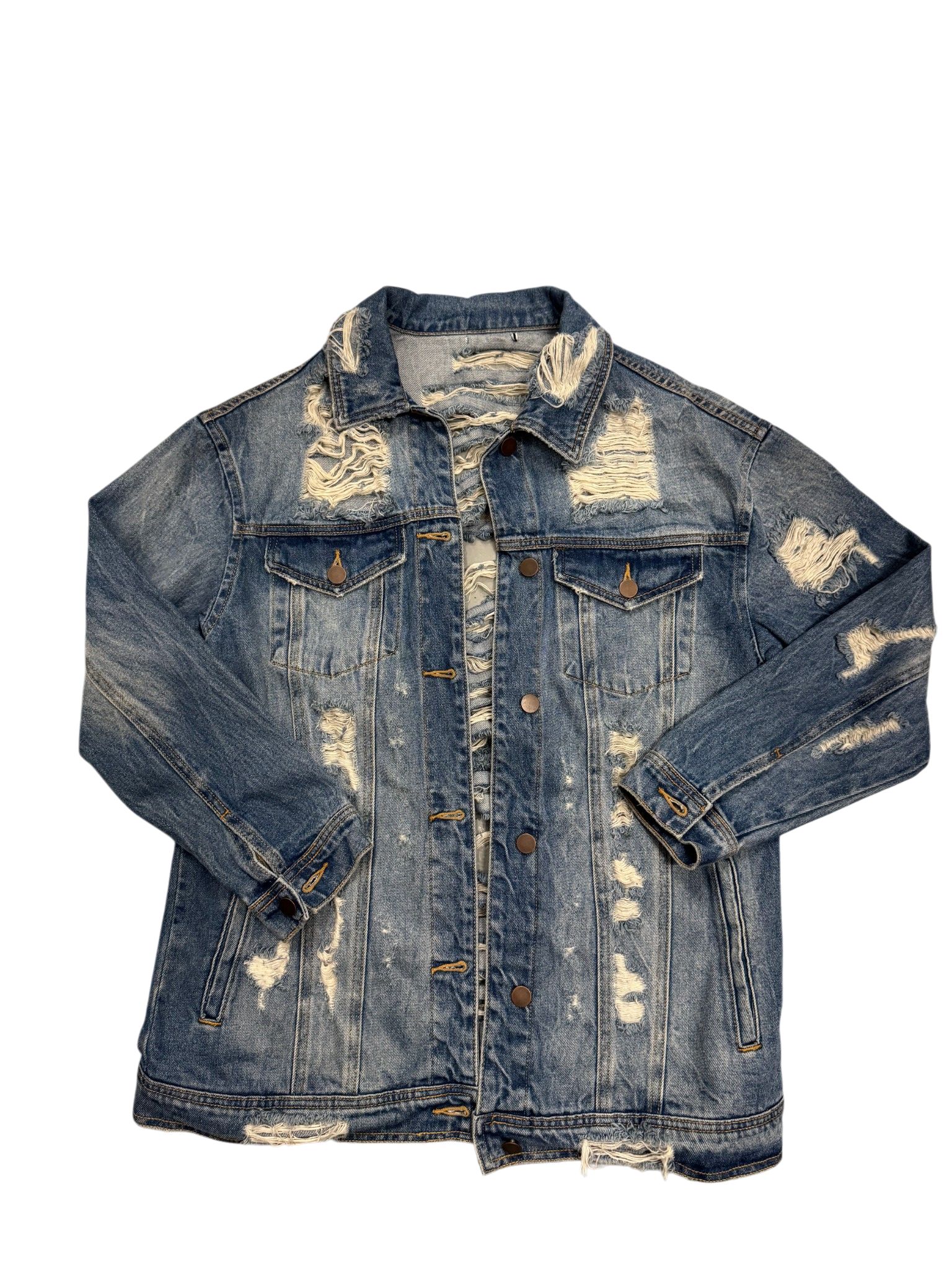 Distressed blue denim jacket on a white background